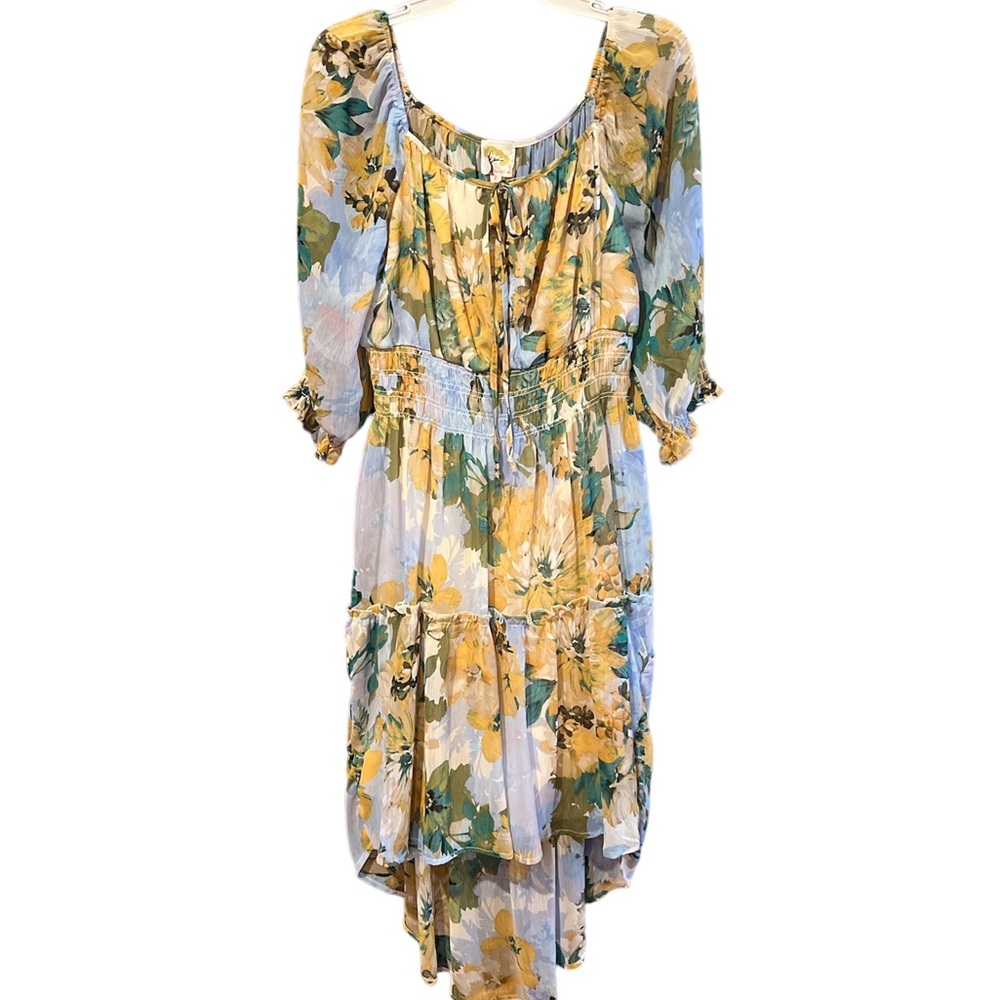 Fig & Flower Floral Chiffon High Low Dress Large Boho Cottagecore Blue Yellow